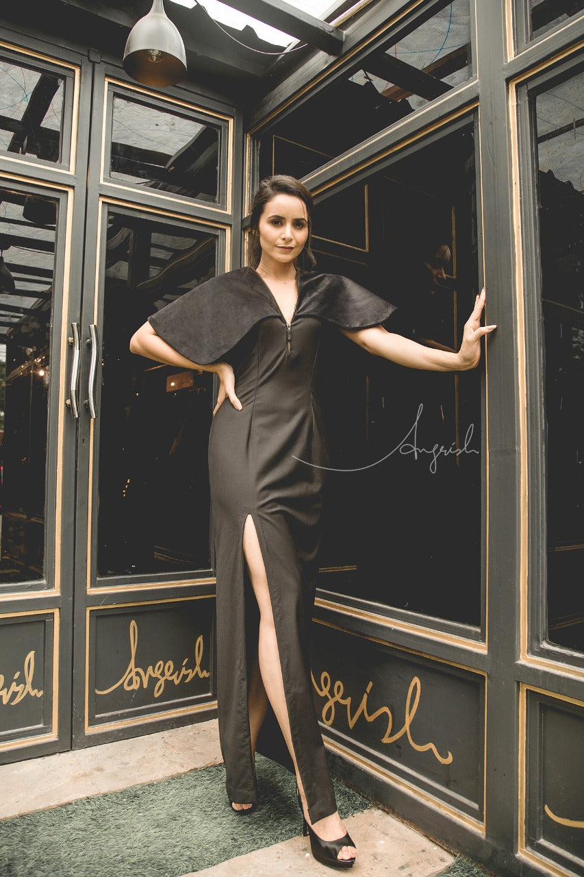 ANUPRIYA GOENKA- The Black Velvet Cape Slit Dress