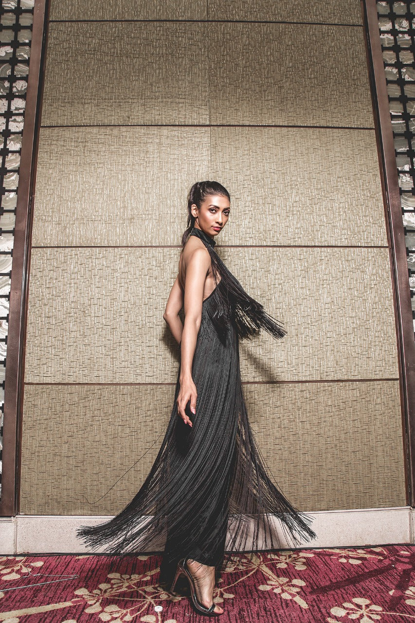 MUGHDA GODSE- The Black Open Back Fringed Dress