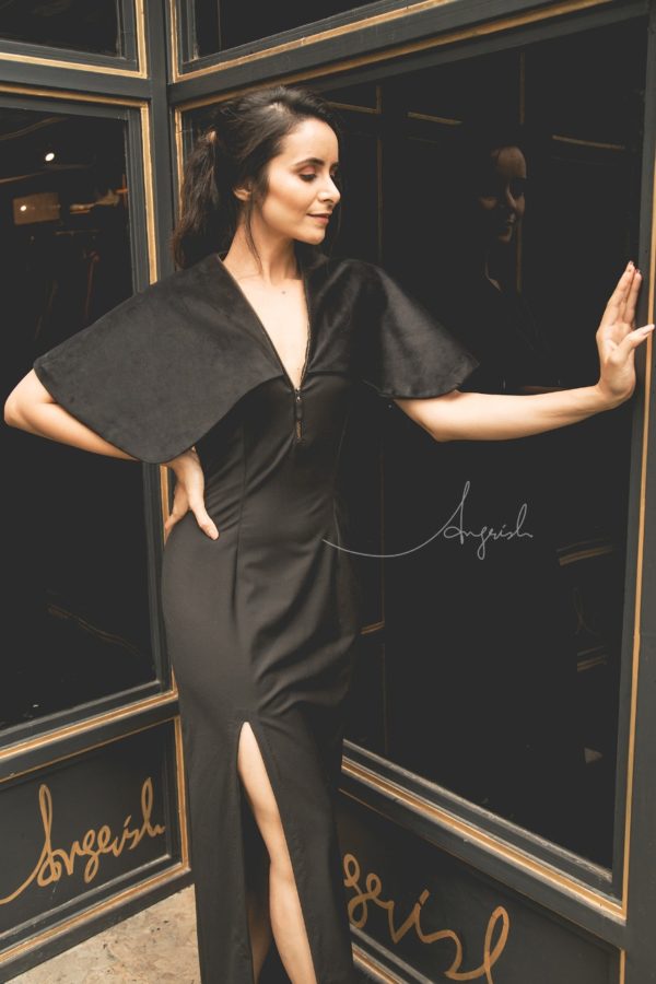 ANUPRIYA GOENKA- The Black Velvet Cape Slit Dress