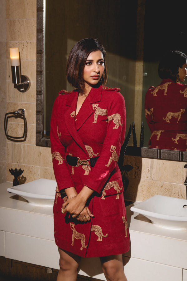 SUNNY LEONE- The Red cheetah Coat Dress With Belt