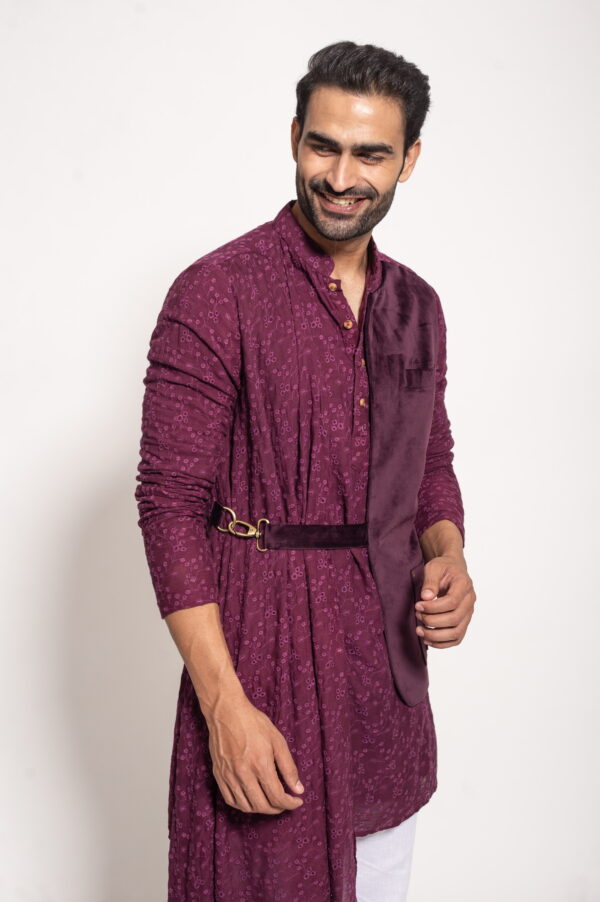 The Wine Velvet Jacket Panel Drape Kurta