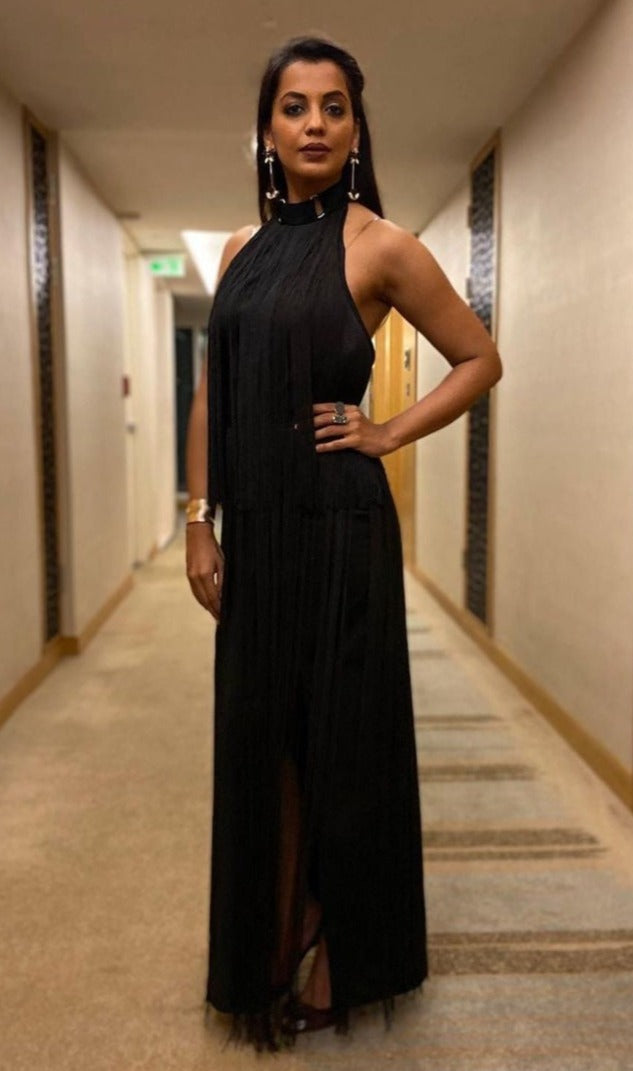 MUGHDA GODSE- The Black Open Back Fringed Dress