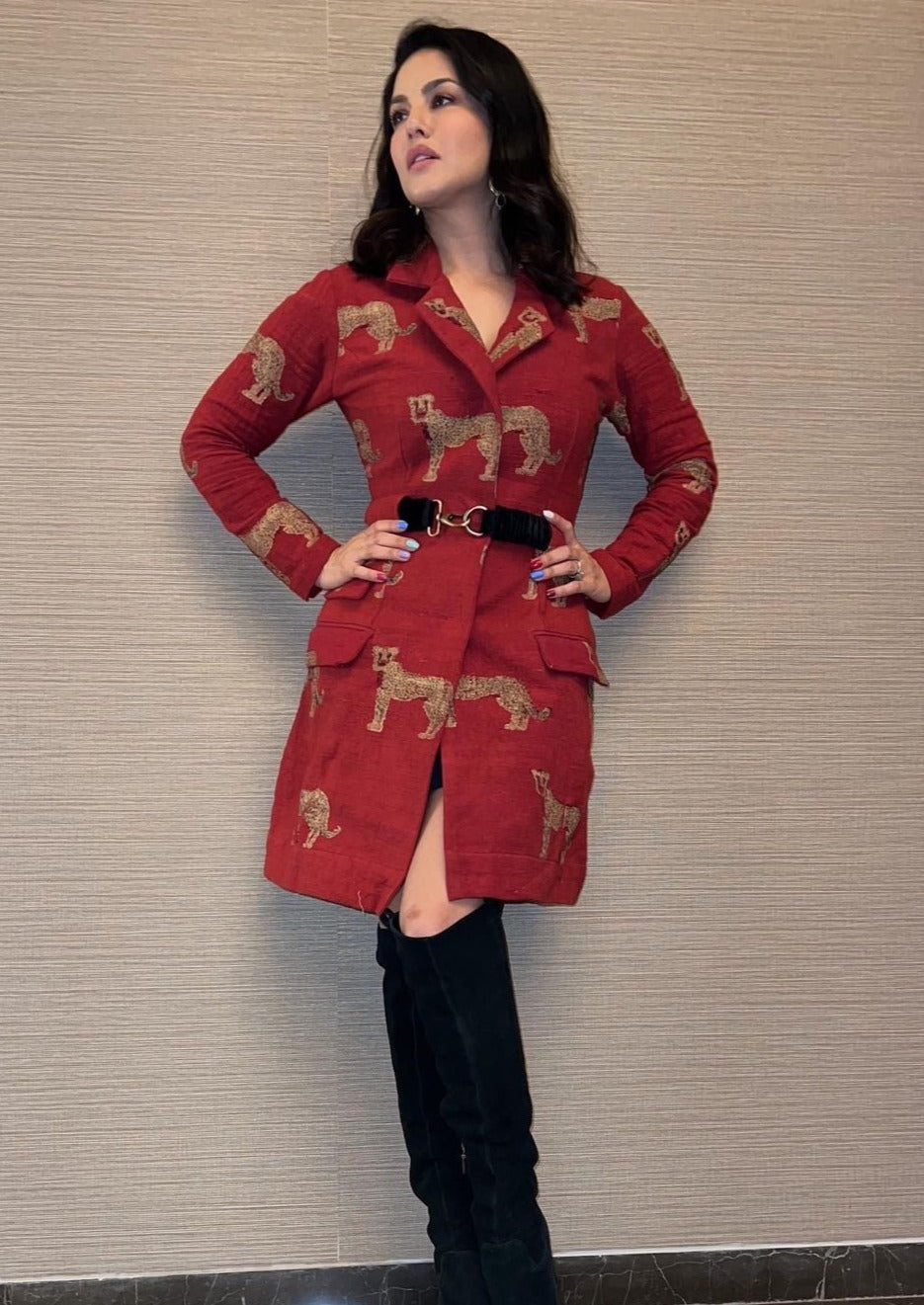 SUNNY LEONE- The Red cheetah Coat Dress With Belt