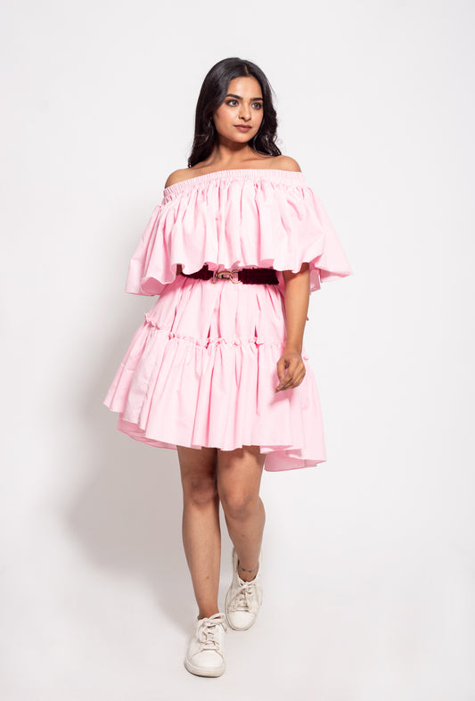 The Pink OffShoulder Double Ruffle Dress