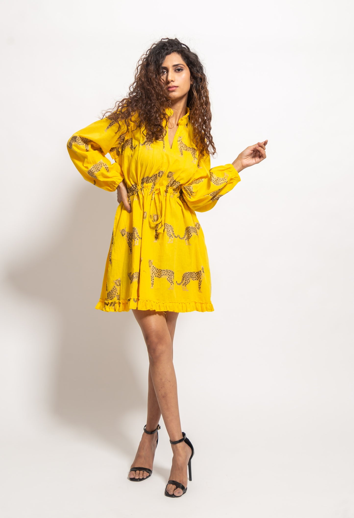 The Yellow Cheetah Pleated Drawstring Dress