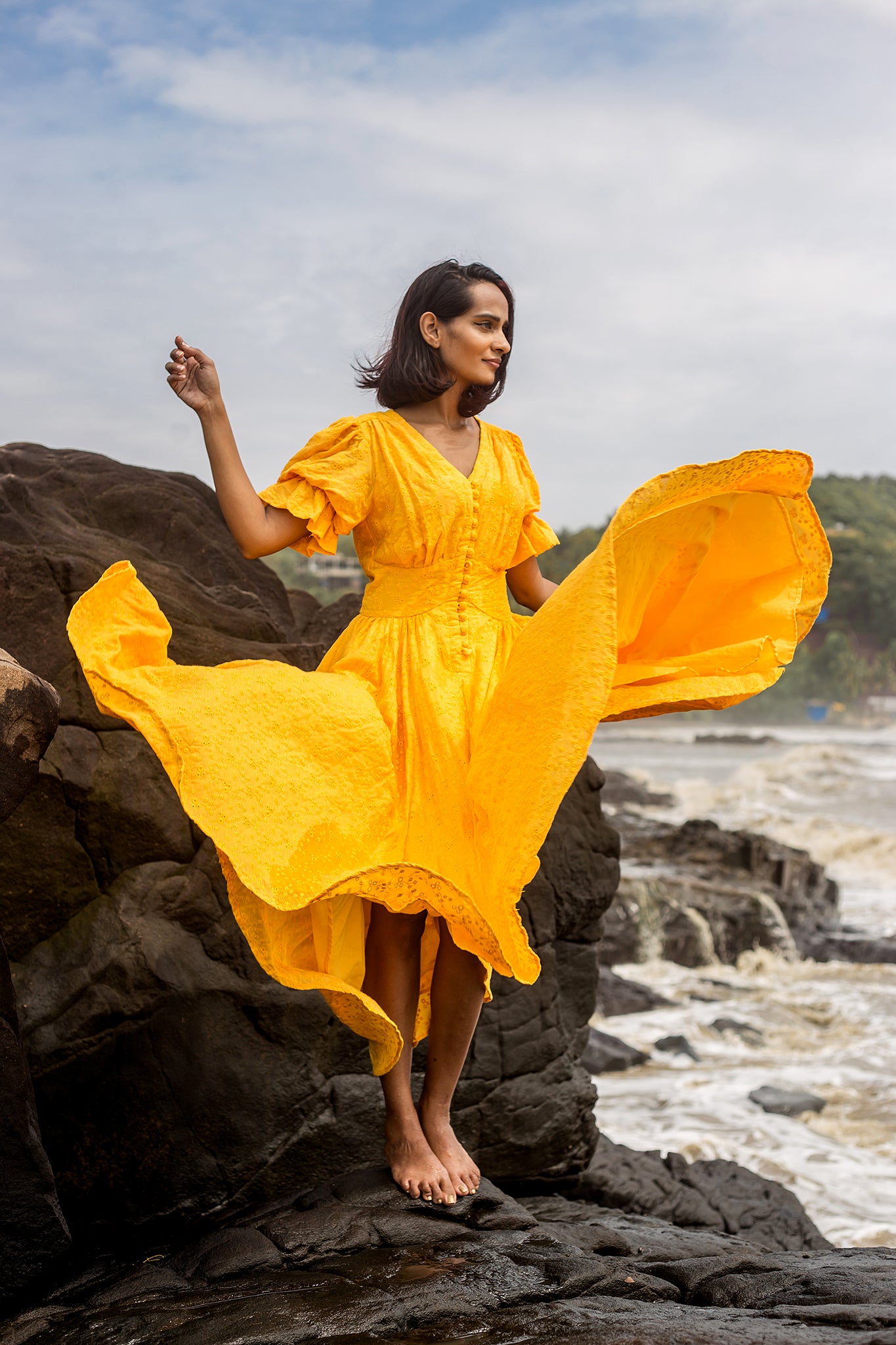 the yellow embroidered front button dress