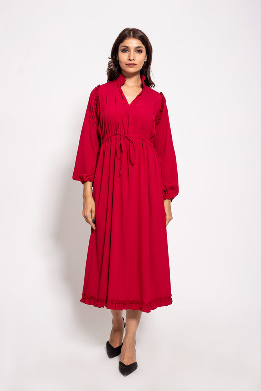 The Red Long Pleated Drawstring Dress