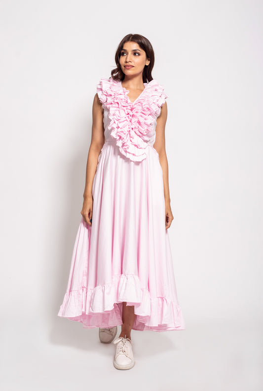 The Pink Ruffle Neck Long Dress