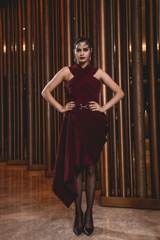 The Maroon Pleated Cowl Drape Dress