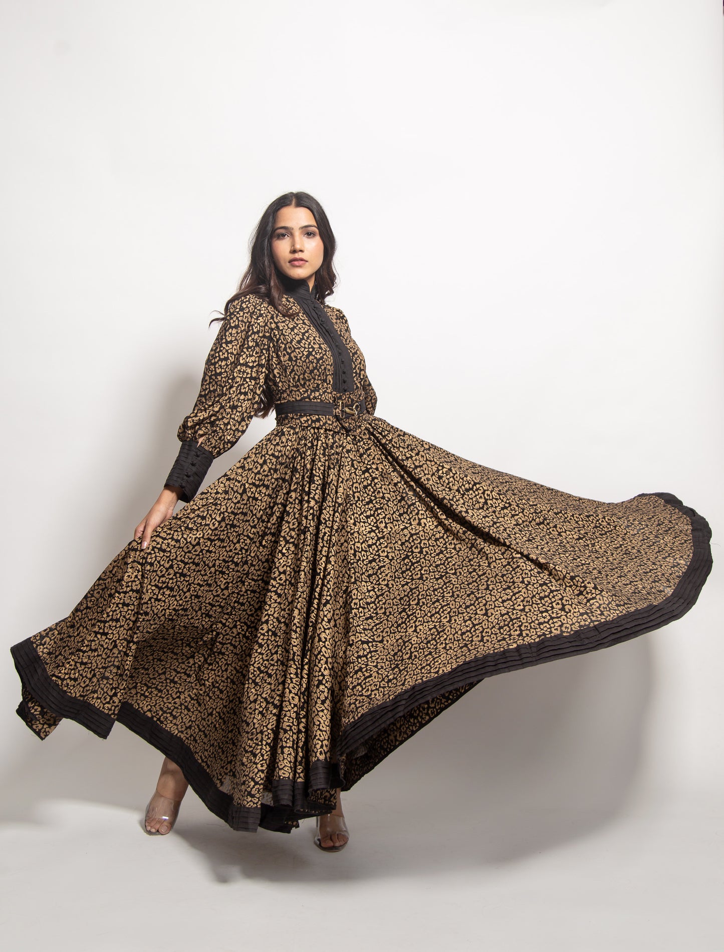 The Gold Leopard Pleated Long Dress