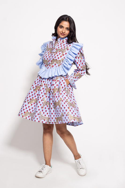 The Blue Love Cheetah Yoke Ruffle Dress