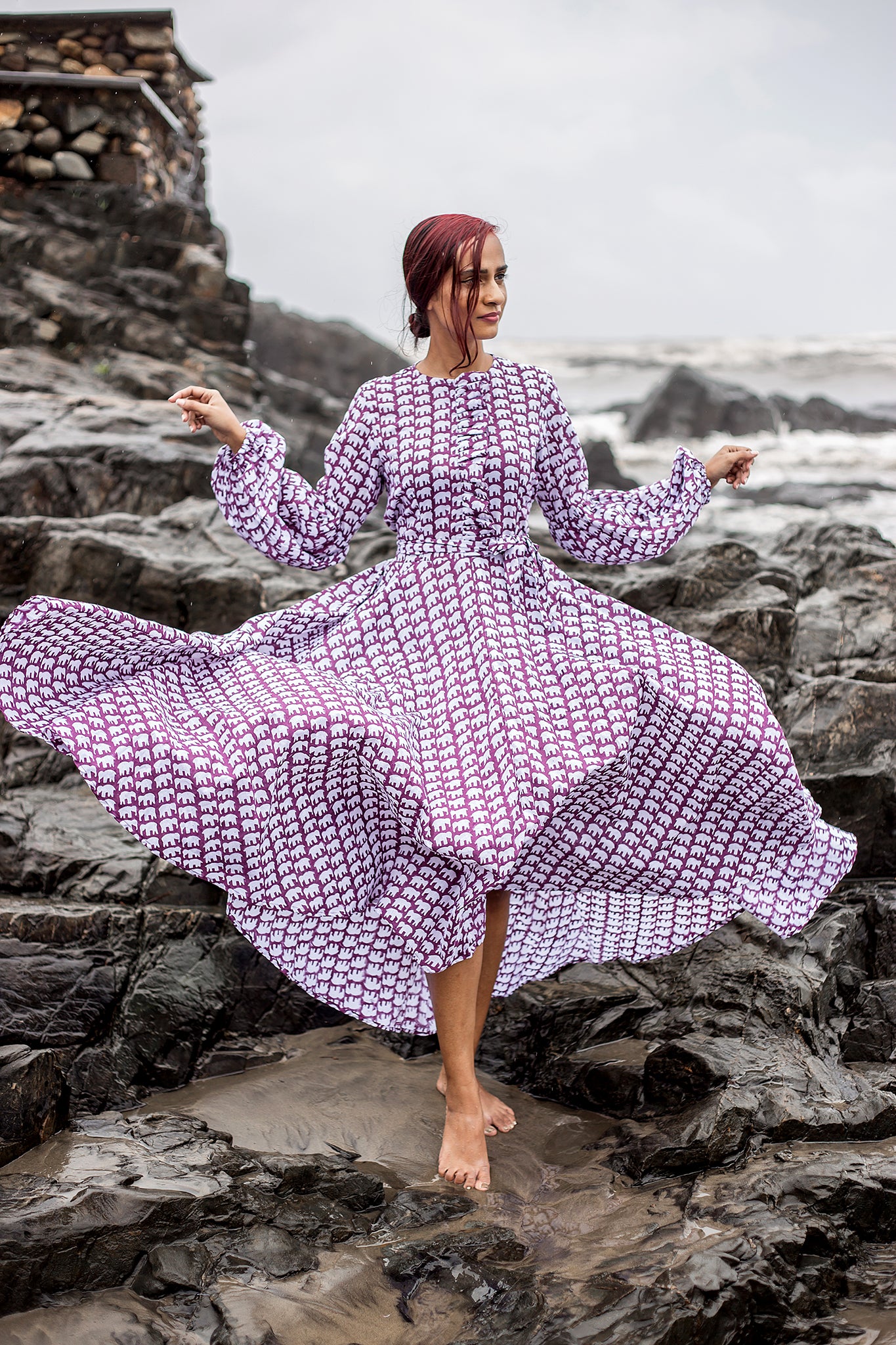 the wine elephant ruffle placket dress