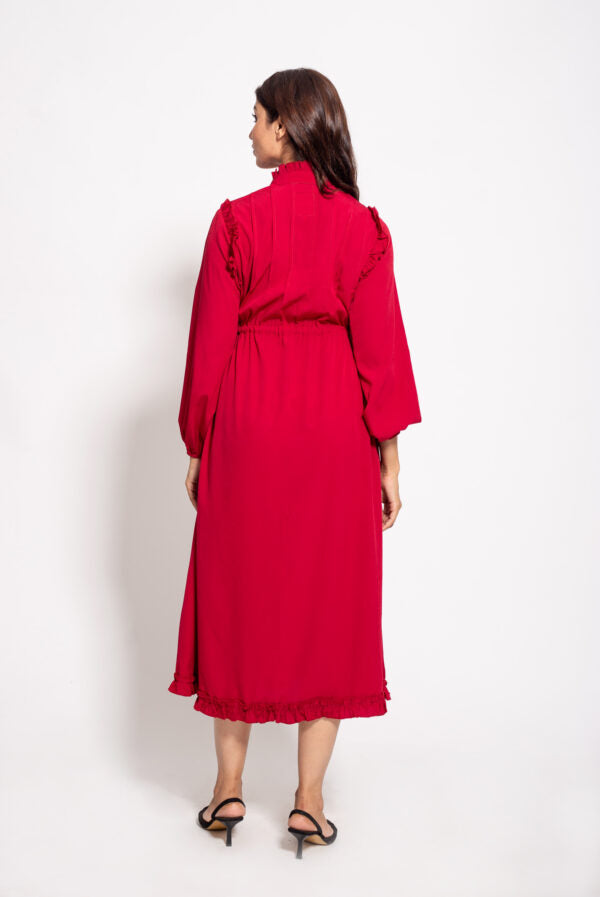 The Red Long Pleated Drawstring Dress