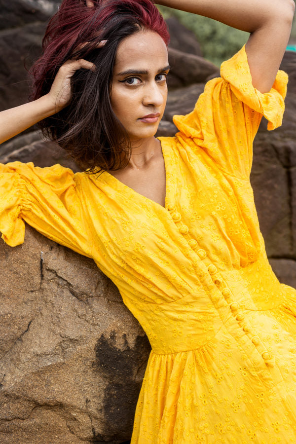 the yellow embroidered front button dress