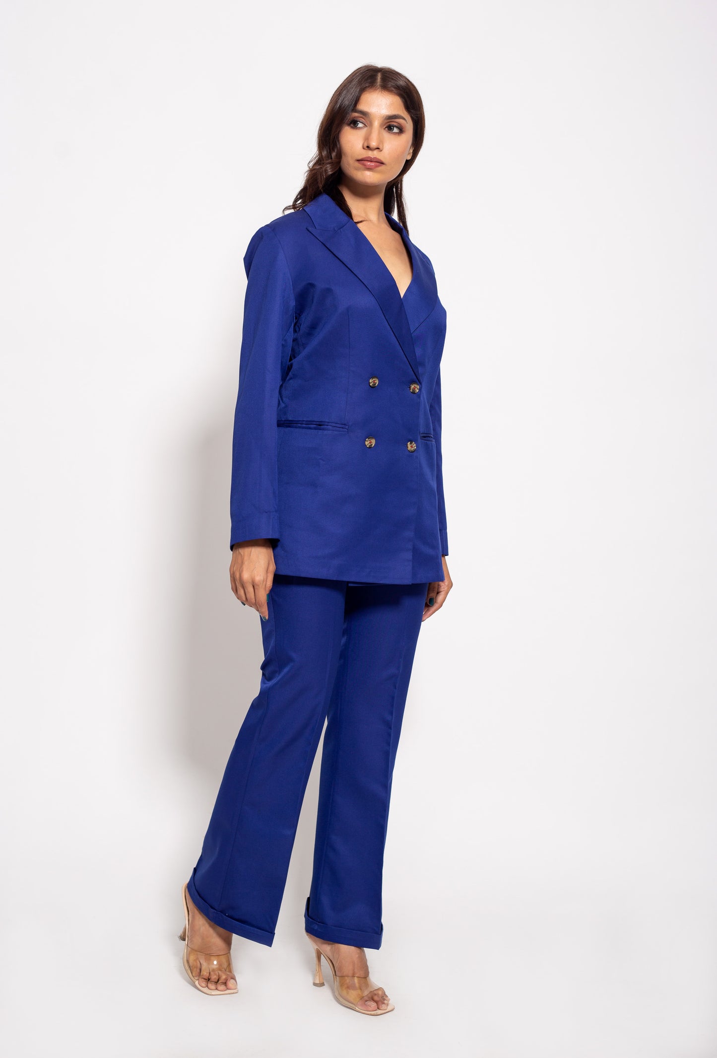 the blue textured power suit