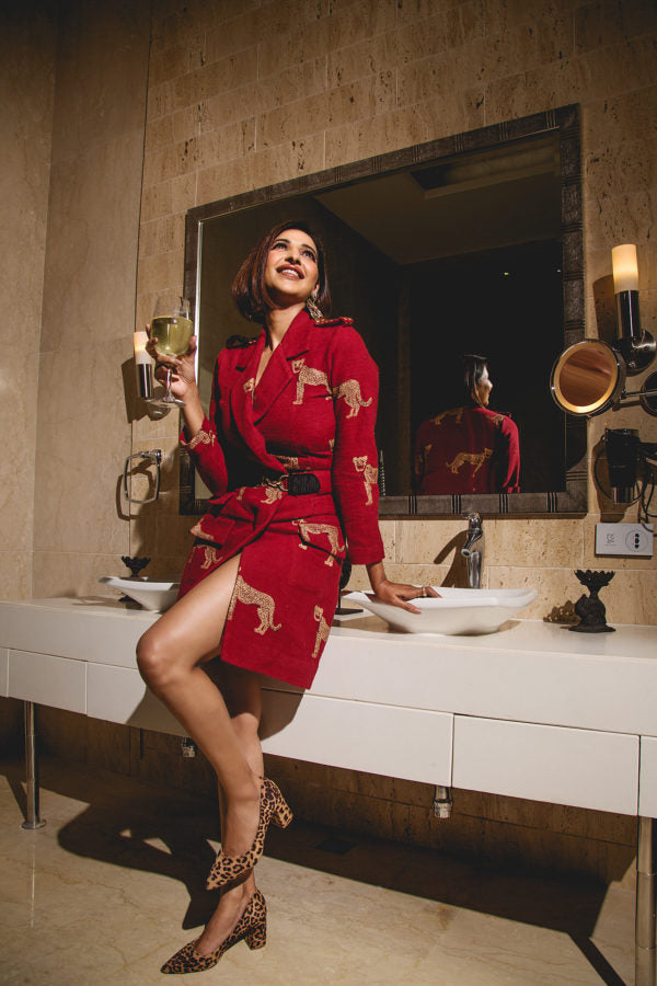 SUNNY LEONE- The Red cheetah Coat Dress With Belt