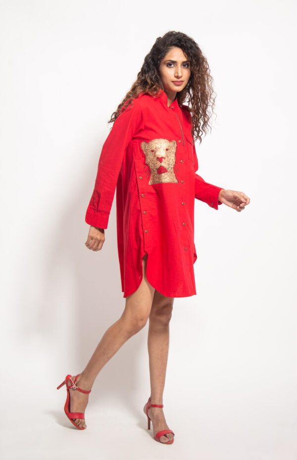 The Red Cheetah Face Side Button Dress