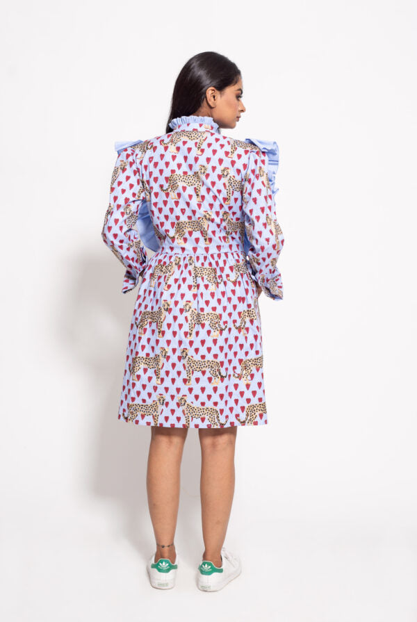 The Blue Love Cheetah Yoke Ruffle Dress