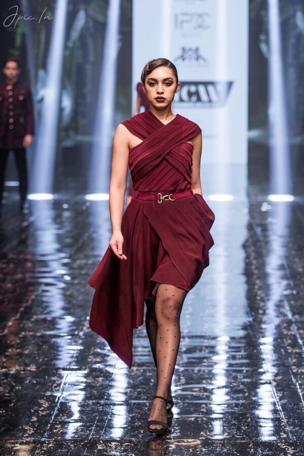 The Maroon Pleated Cowl Drape Dress