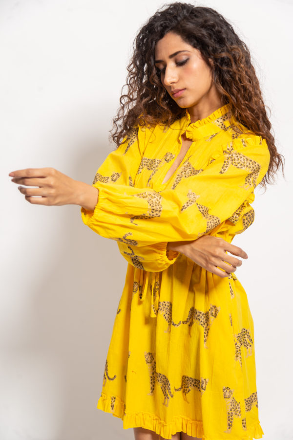 The Yellow Cheetah Pleated Drawstring Dress