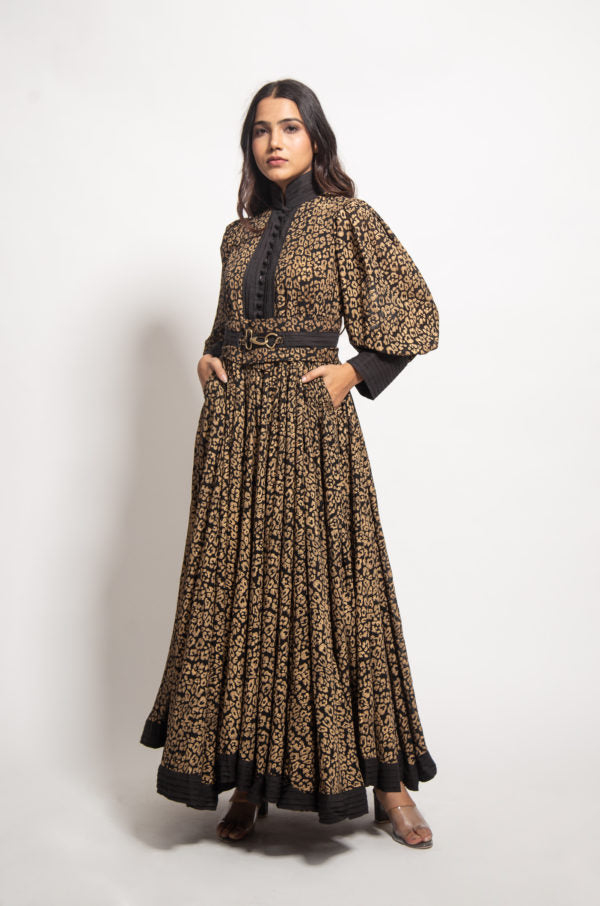 The Gold Leopard Pleated Long Dress