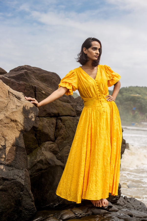 the yellow embroidered front button dress