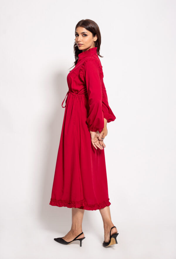 The Red Long Pleated Drawstring Dress