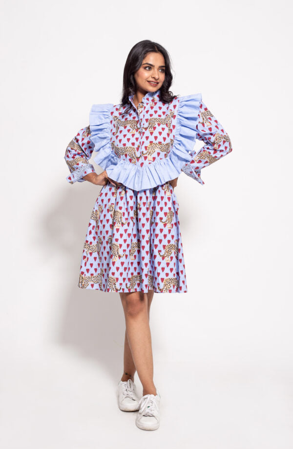 The Blue Love Cheetah Yoke Ruffle Dress