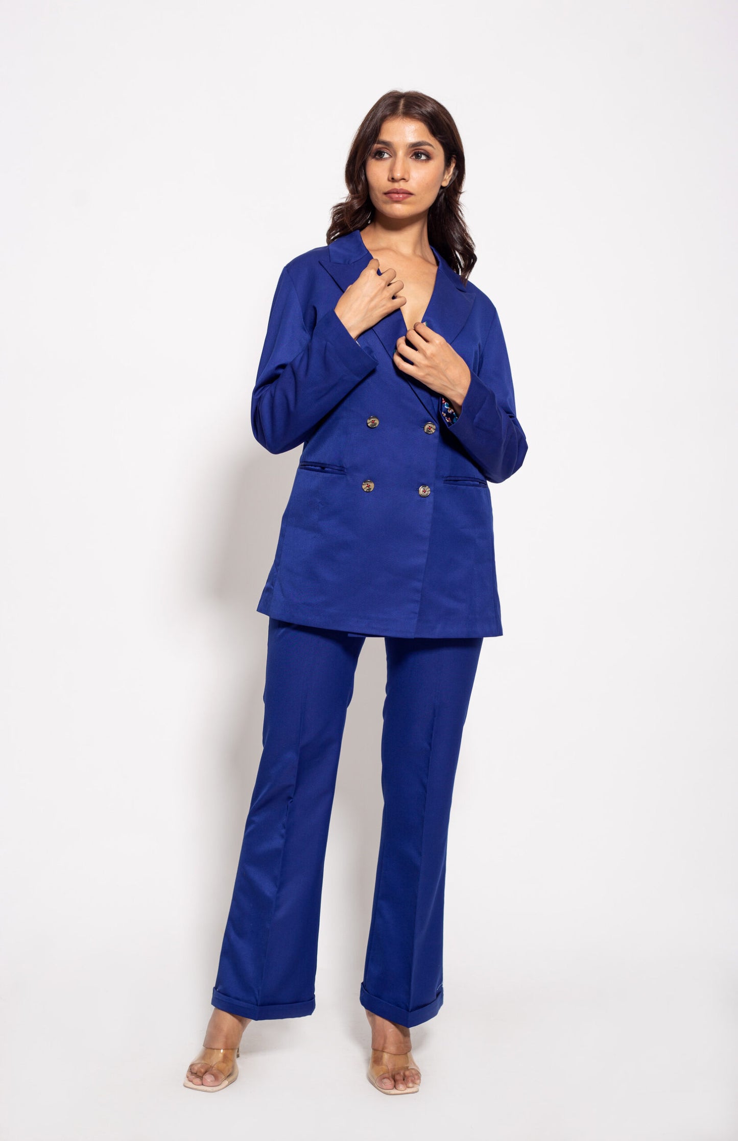 the blue textured power suit