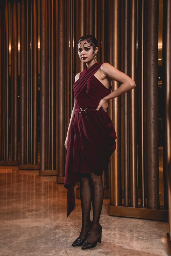 The Maroon Pleated Cowl Drape Dress