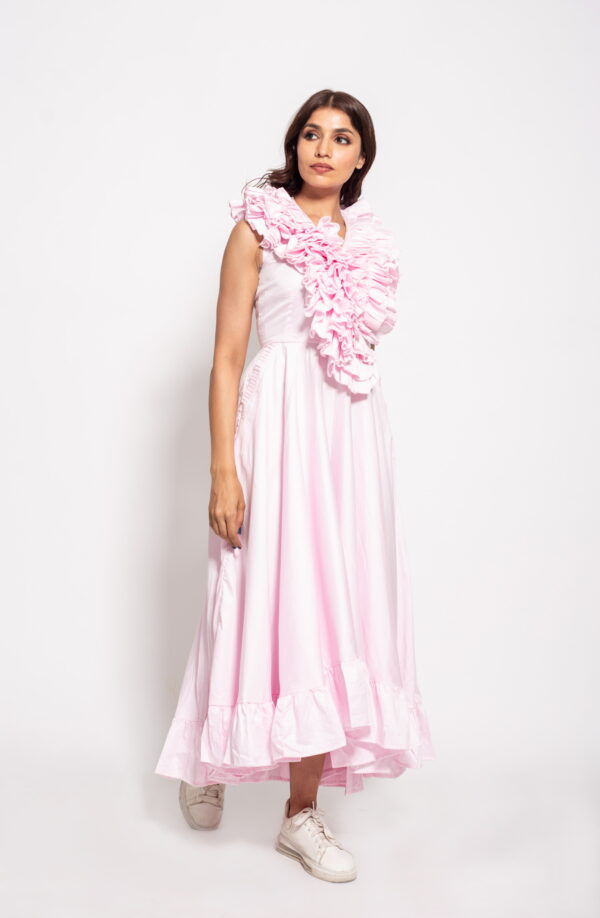 The Pink Ruffle Neck Long Dress