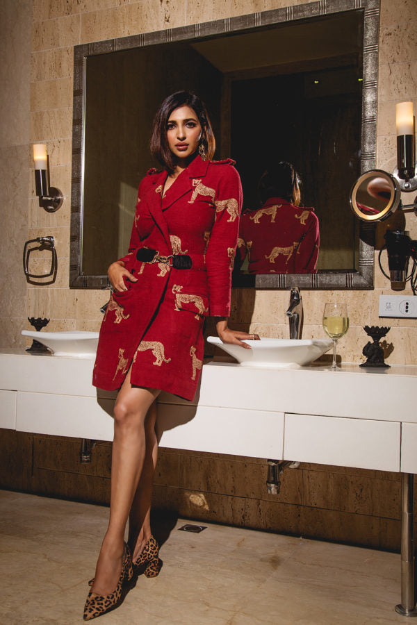 SUNNY LEONE- The Red cheetah Coat Dress With Belt