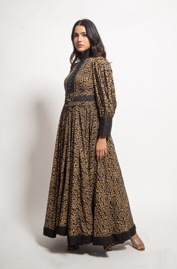 The Gold Leopard Pleated Long Dress