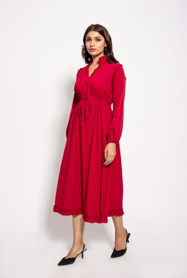 The Red Long Pleated Drawstring Dress