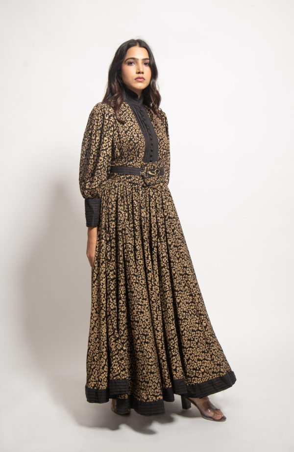 The Gold Leopard Pleated Long Dress