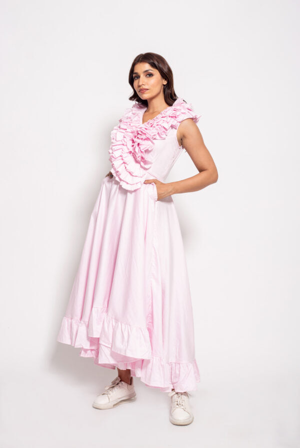 The Pink Ruffle Neck Long Dress