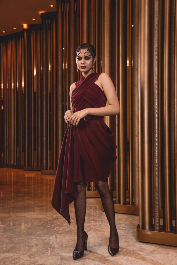 The Maroon Pleated Cowl Drape Dress