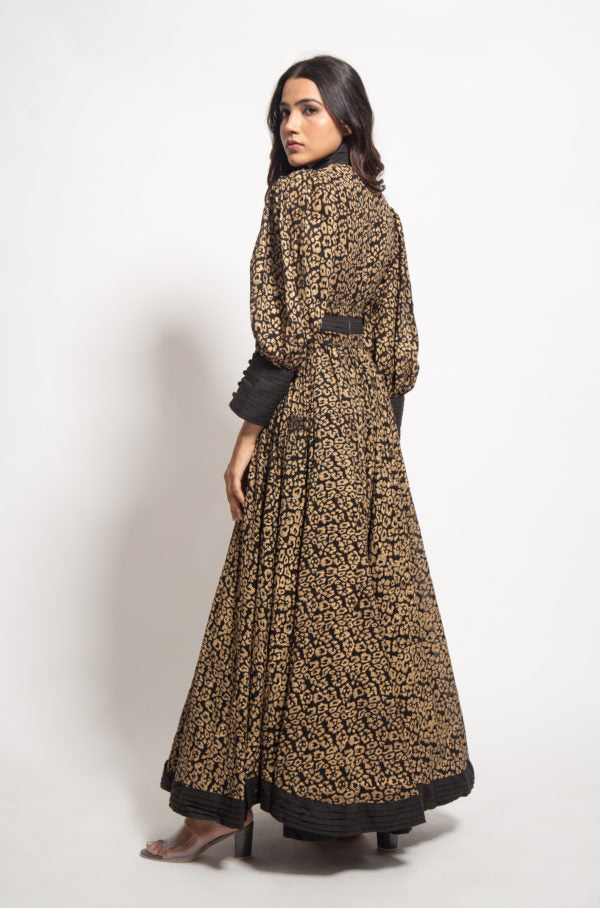 The Gold Leopard Pleated Long Dress