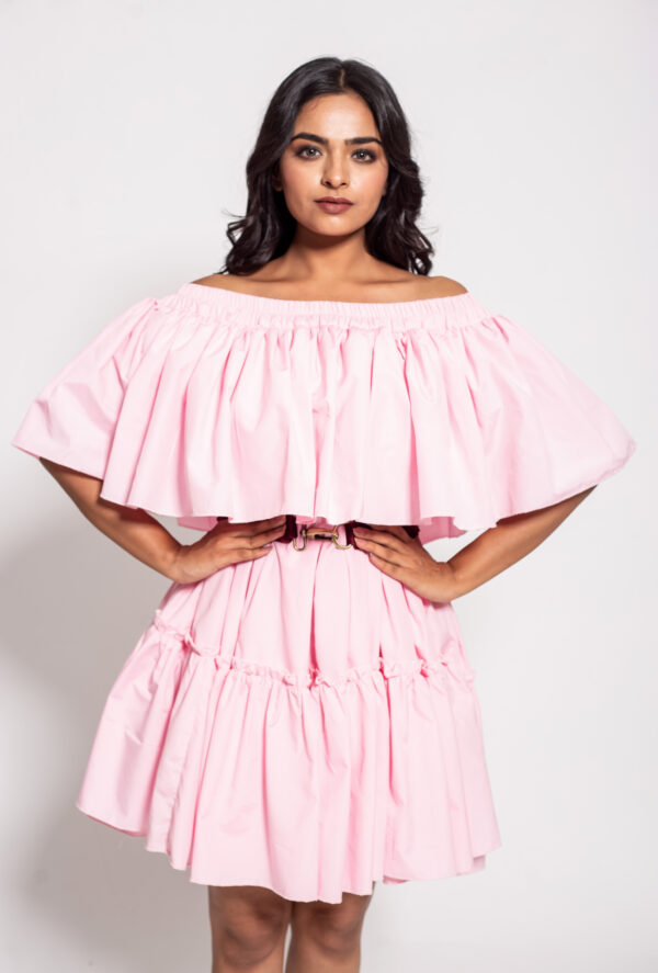 The Pink OffShoulder Double Ruffle Dress