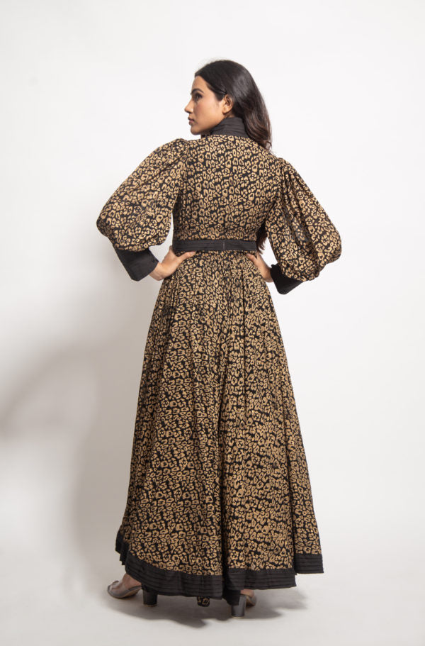 The Gold Leopard Pleated Long Dress