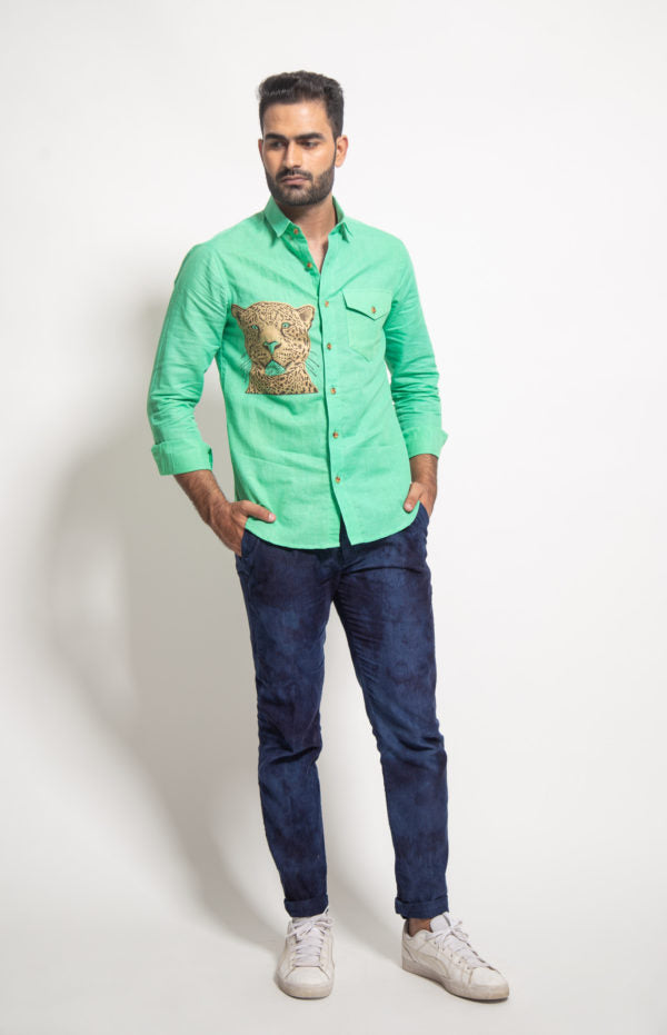 The Green Linen Cheetah Face Shirt