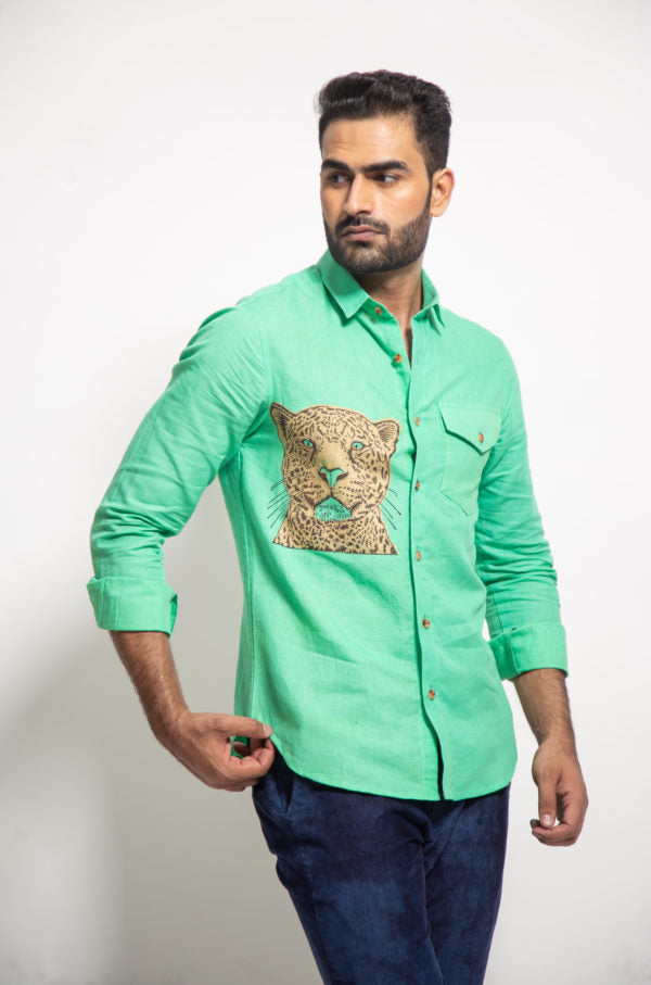 The Green Linen Cheetah Face Shirt