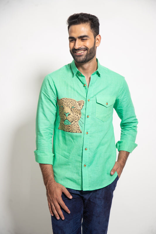 The Green Linen Cheetah Face Shirt