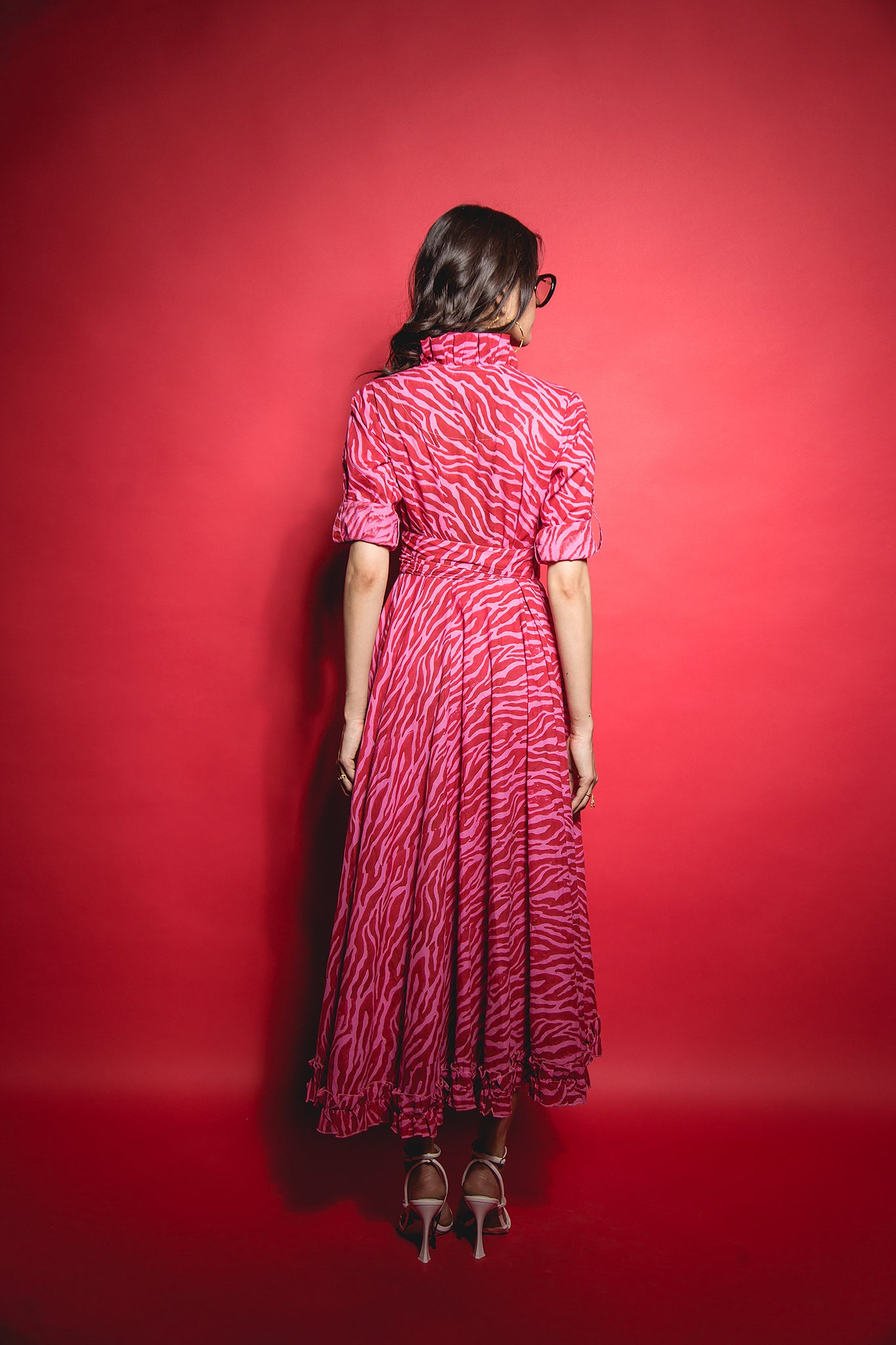 The Pink Red Zebra Ruffle Collared Dress