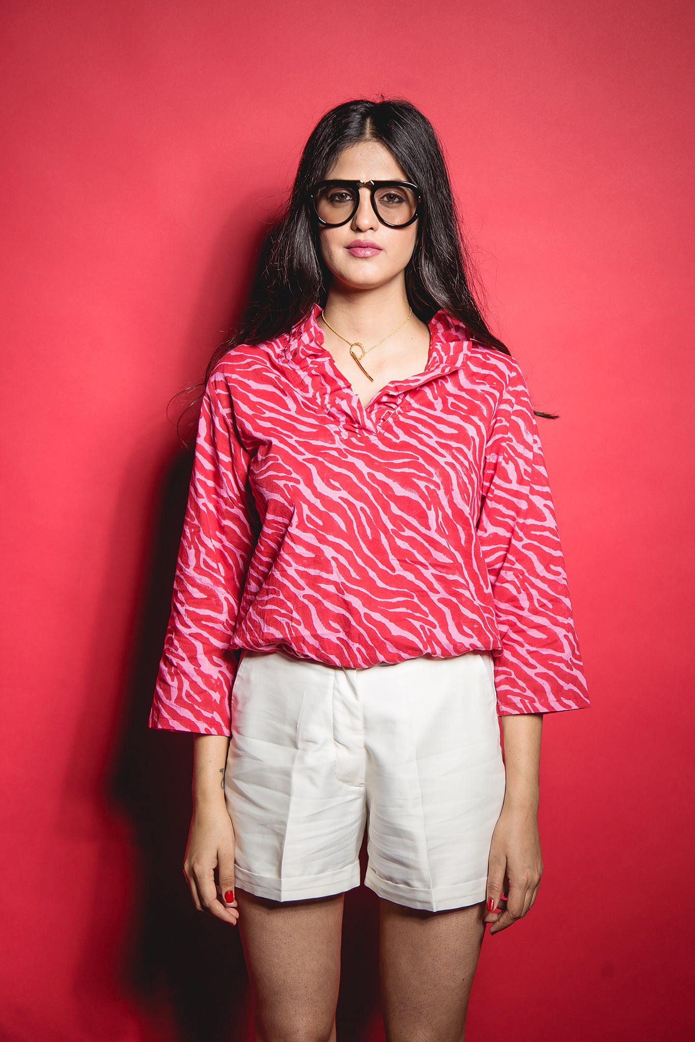 The Pink Red Zebra Ruffle Collared Top