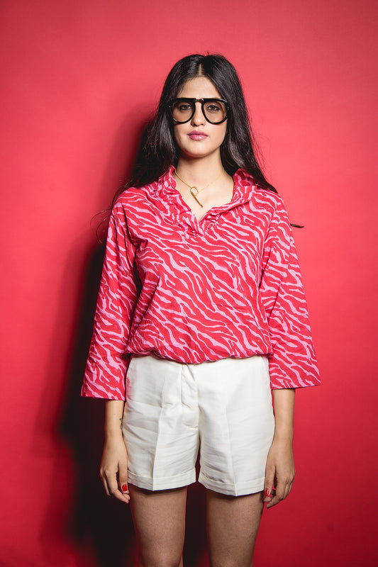 The Pink Red Zebra Ruffle Collared Top