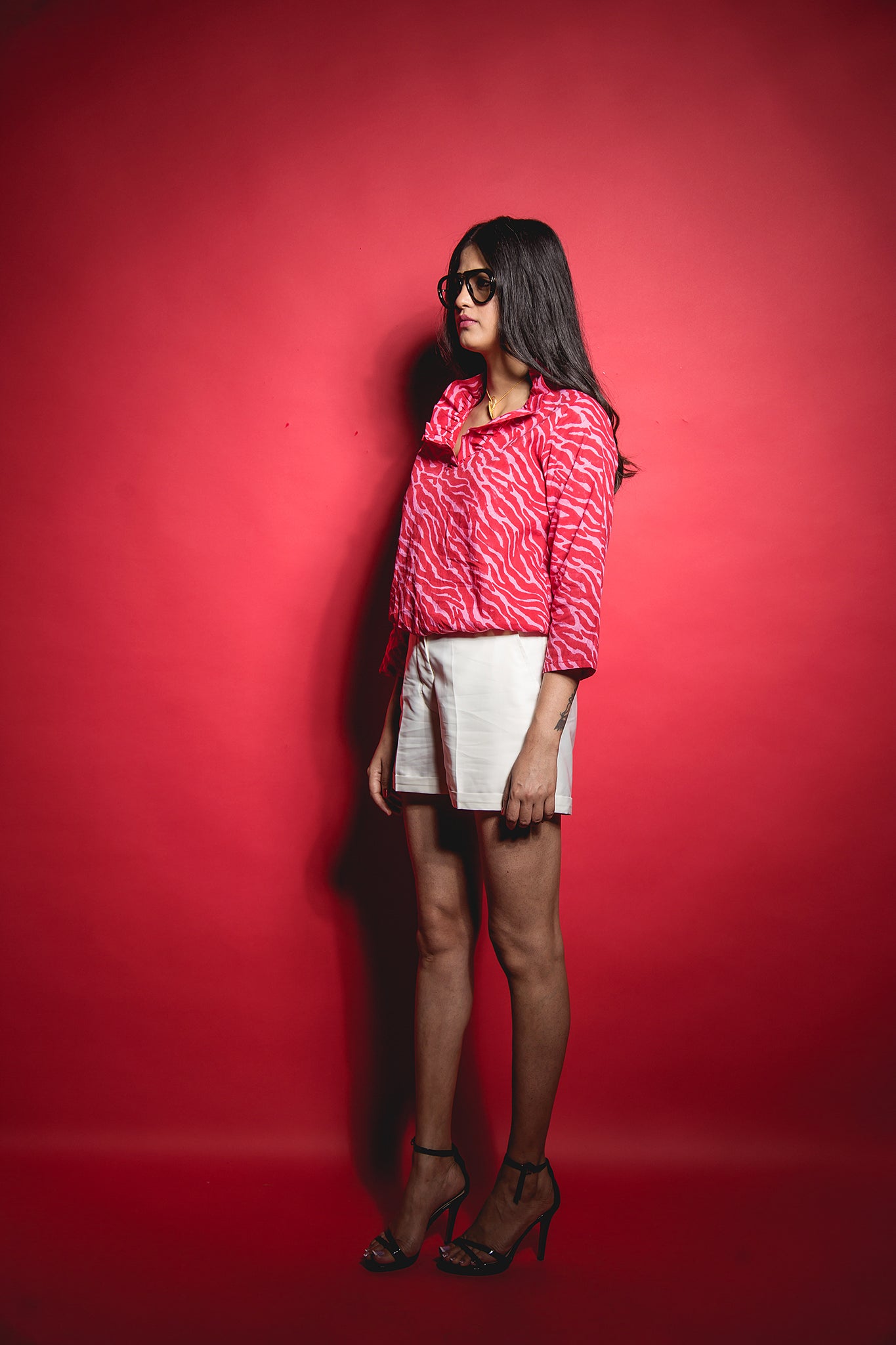 The Pink Red Zebra Ruffle Collared Top