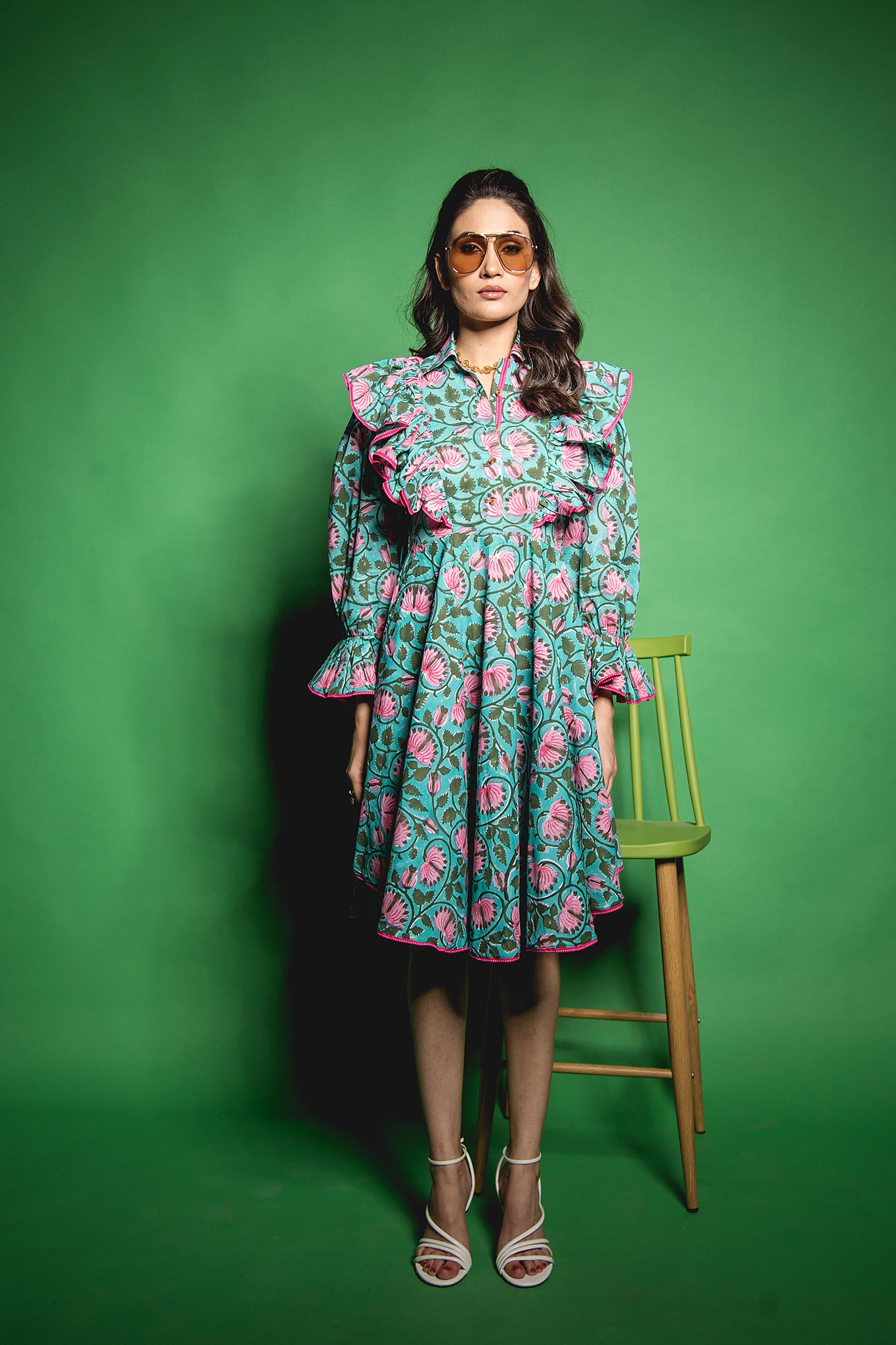 The Green Lotus Yoke Ruffle Dress