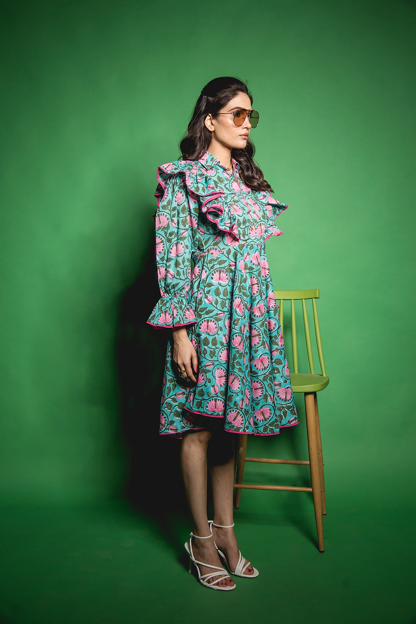 The Green Lotus Yoke Ruffle Dress