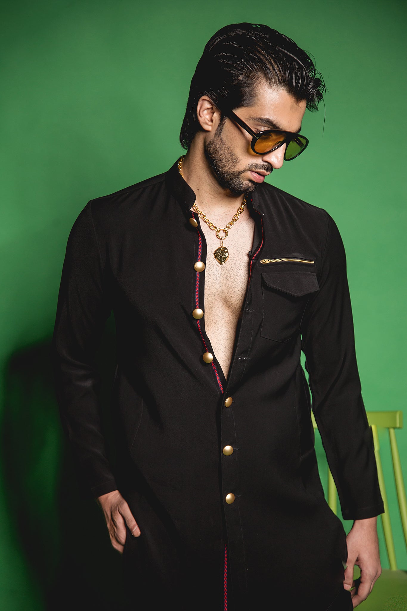 The Black Front Open Kurta